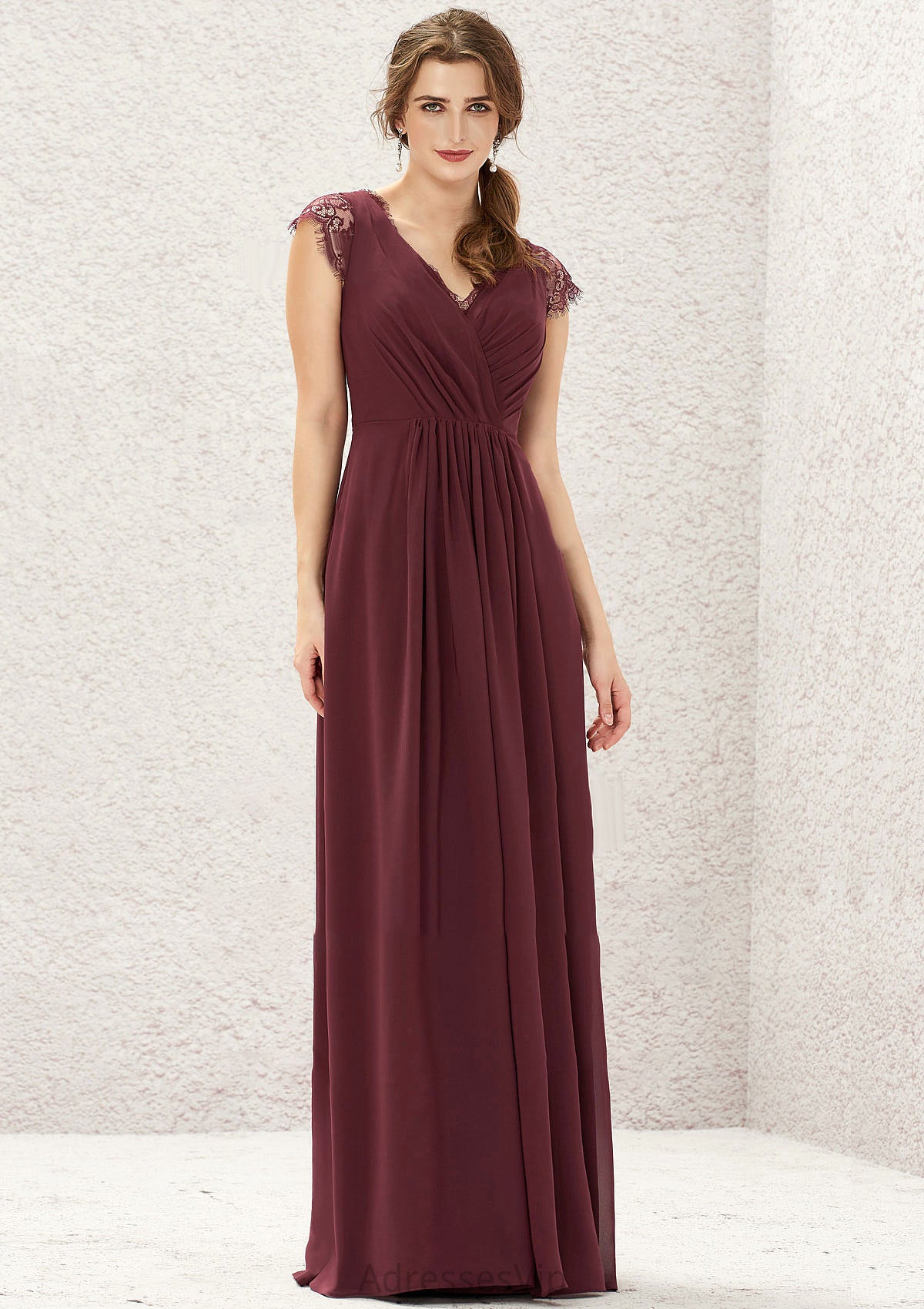 A-line V Neck Sleeveless Chiffon Long/Floor-Length Bridesmaid Dresses With Pleated Lace Briana HCP0025627