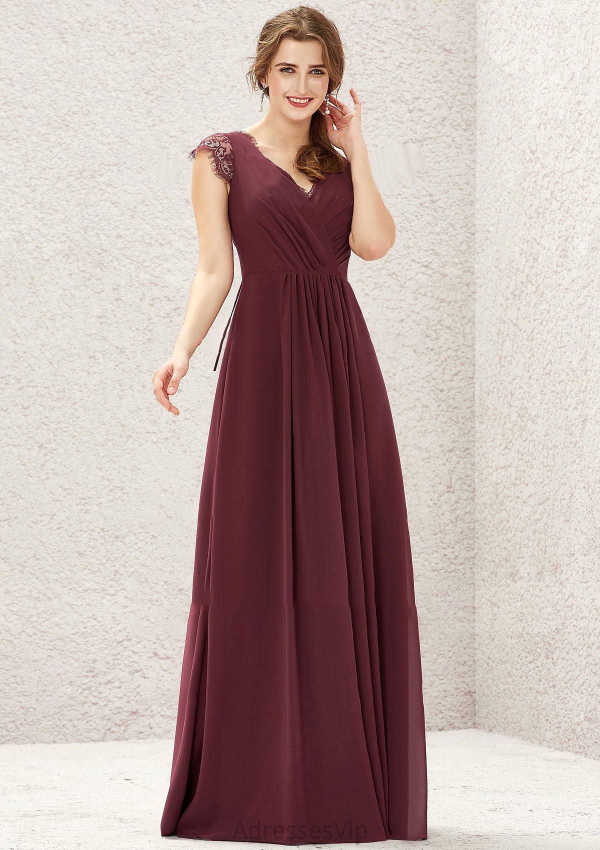 A-line V Neck Sleeveless Chiffon Long/Floor-Length Bridesmaid Dresses With Pleated Lace Briana HCP0025627