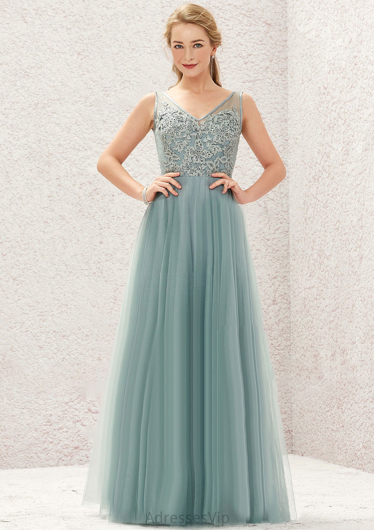 A-line V Neck Sleeveless Tulle Long/Floor-Length Bridesmaid Dresses With Lace Lorelai HCP0025628