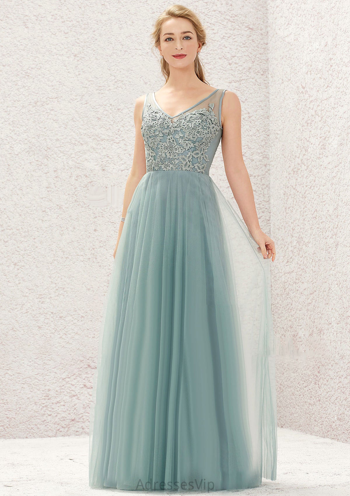 A-line V Neck Sleeveless Tulle Long/Floor-Length Bridesmaid Dresses With Lace Lorelai HCP0025628