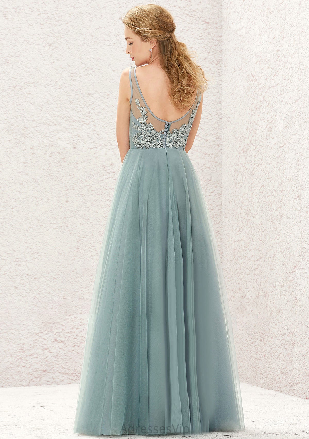 A-line V Neck Sleeveless Tulle Long/Floor-Length Bridesmaid Dresses With Lace Lorelai HCP0025628