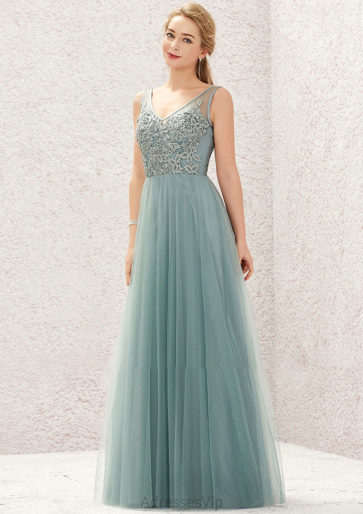 A-line V Neck Sleeveless Tulle Long/Floor-Length Bridesmaid Dresses With Lace Lorelai HCP0025628