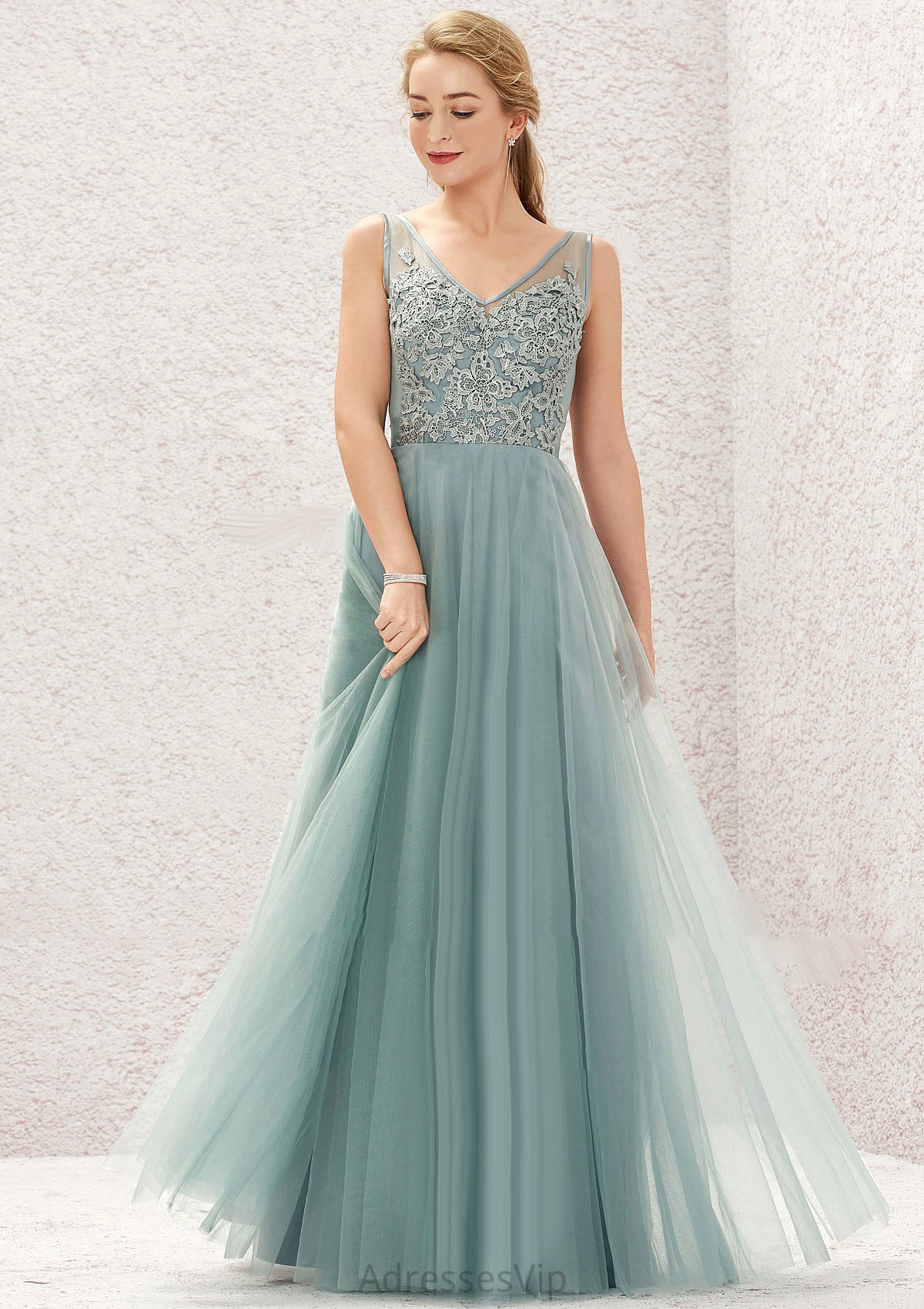 A-line V Neck Sleeveless Tulle Long/Floor-Length Bridesmaid Dresses With Lace Lorelai HCP0025628