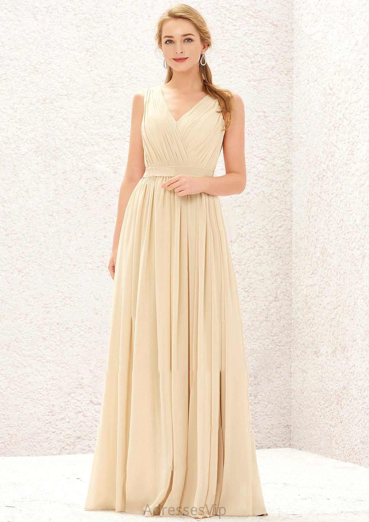 A-line V Neck Sleeveless Chiffon Long/Floor-Length Bridesmaid Dresses With Appliqued Sashes Pleated Athena HCP0025630