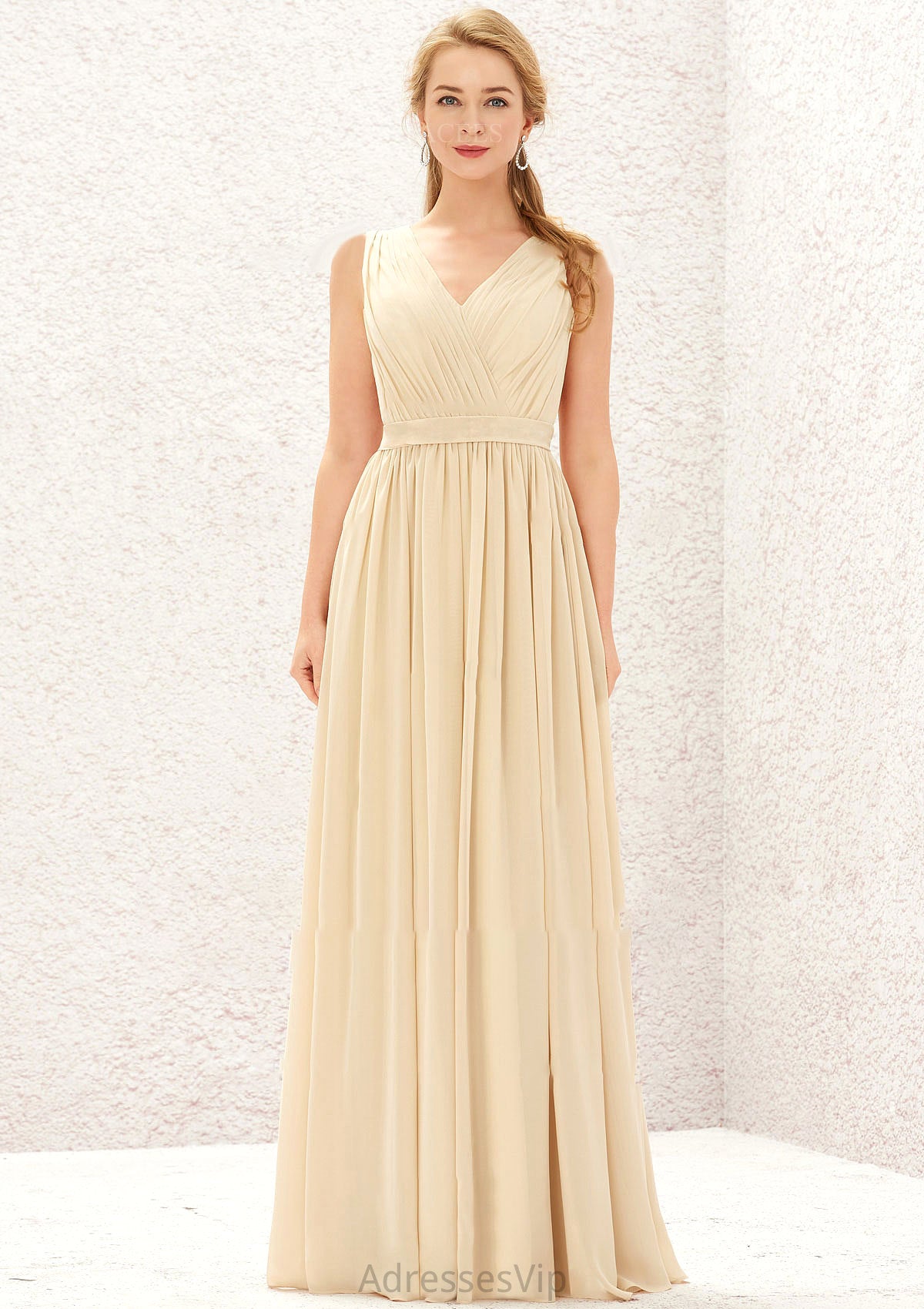 A-line V Neck Sleeveless Chiffon Long/Floor-Length Bridesmaid Dresses With Appliqued Sashes Pleated Athena HCP0025630