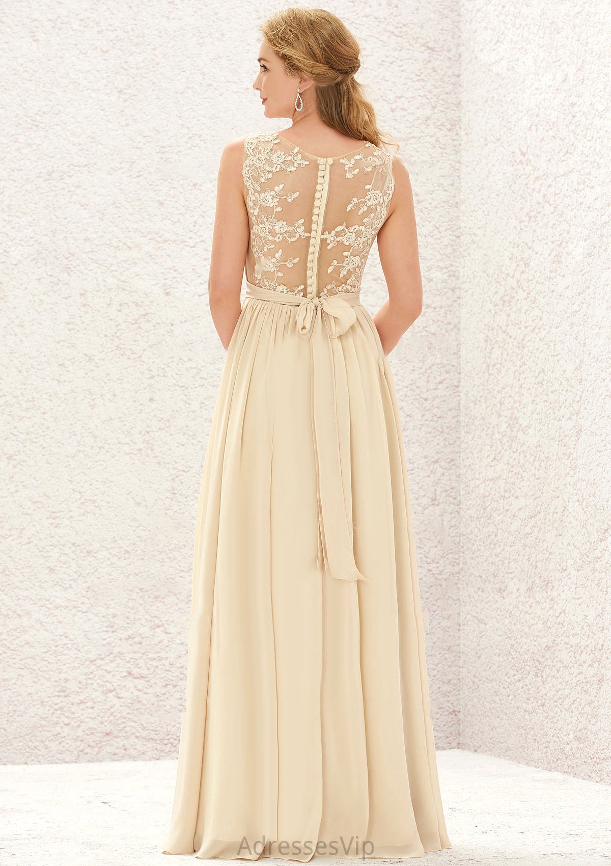 A-line V Neck Sleeveless Chiffon Long/Floor-Length Bridesmaid Dresses With Appliqued Sashes Pleated Athena HCP0025630