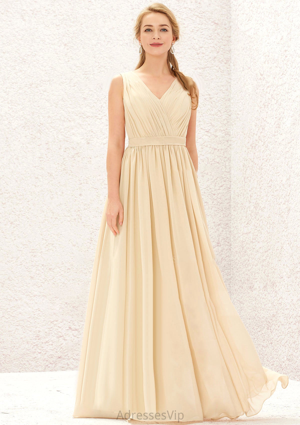 A-line V Neck Sleeveless Chiffon Long/Floor-Length Bridesmaid Dresses With Appliqued Sashes Pleated Athena HCP0025630