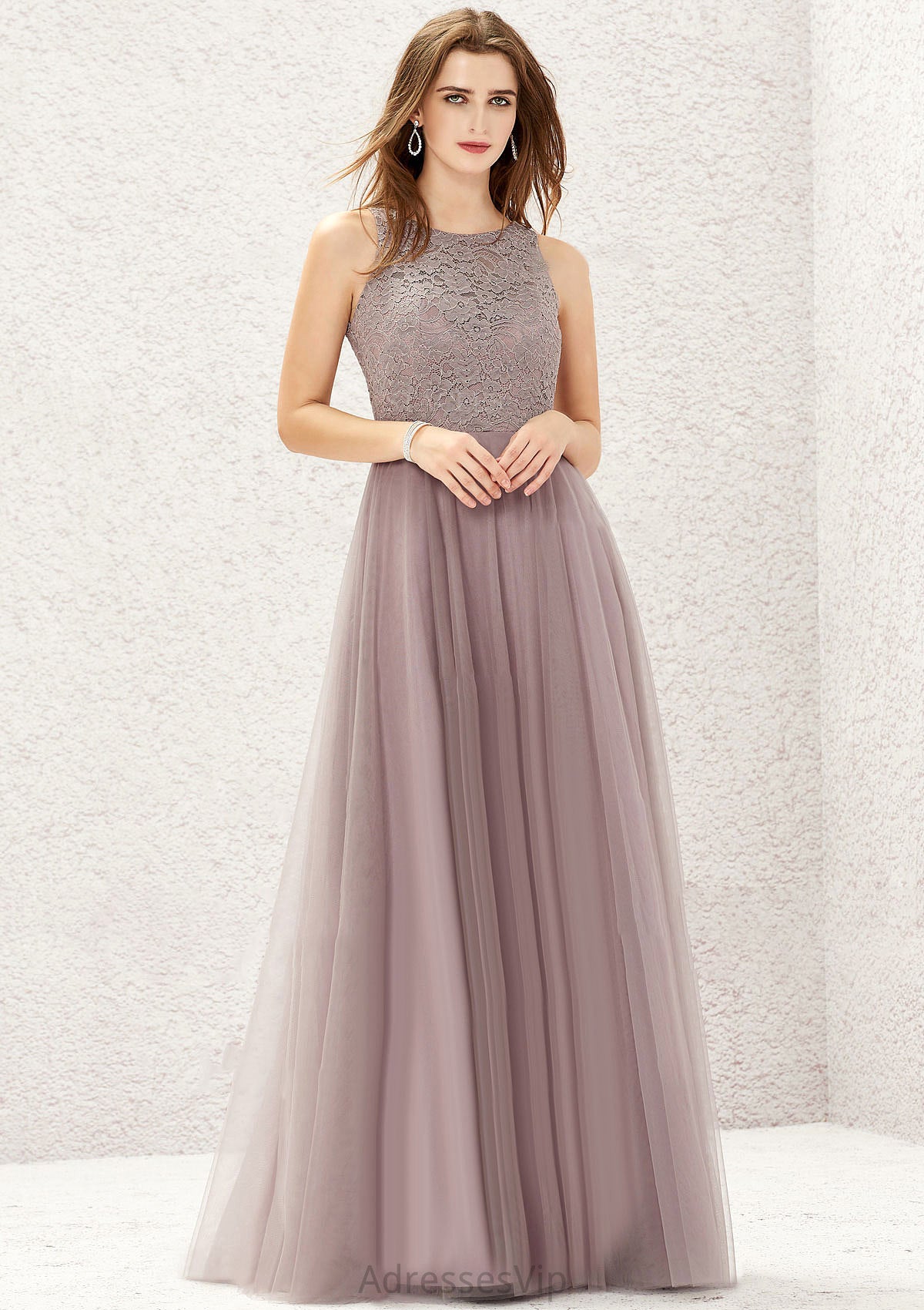 A-line Scoop Neck Sleeveless Lace Tulle Long/Floor-Length Bridesmaid Dresses Gretchen HCP0025631