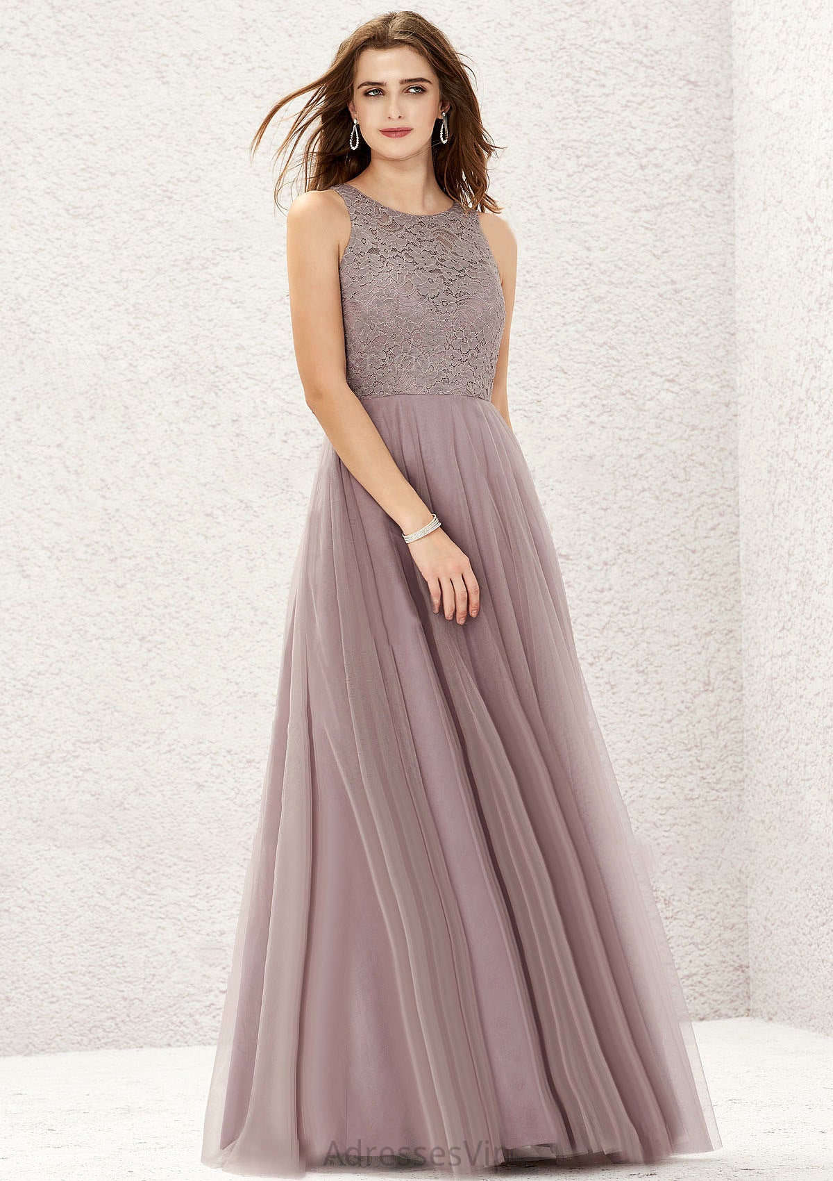 A-line Scoop Neck Sleeveless Lace Tulle Long/Floor-Length Bridesmaid Dresses Gretchen HCP0025631