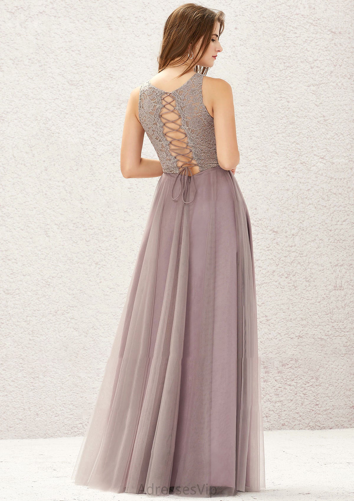 A-line Scoop Neck Sleeveless Lace Tulle Long/Floor-Length Bridesmaid Dresses Gretchen HCP0025631