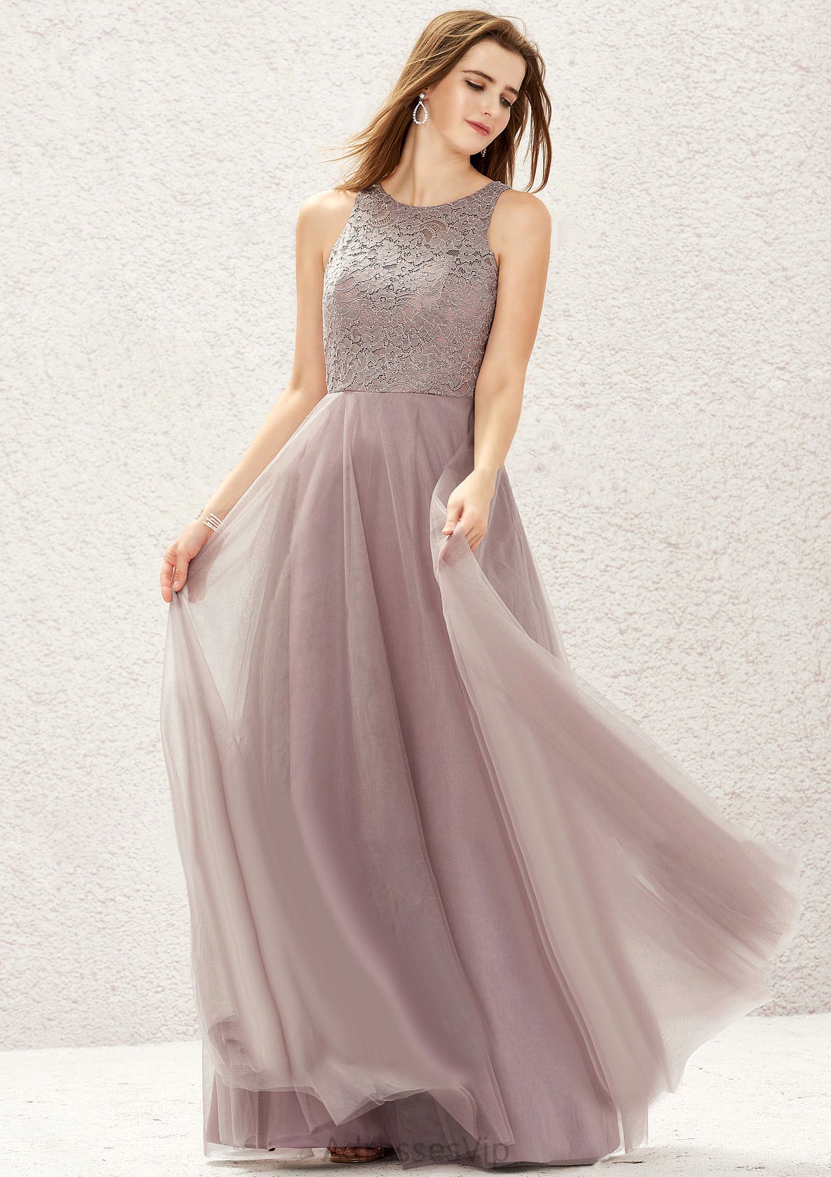 A-line Scoop Neck Sleeveless Lace Tulle Long/Floor-Length Bridesmaid Dresses Gretchen HCP0025631