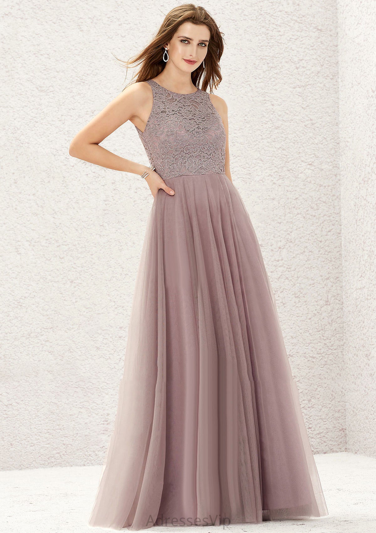 A-line Scoop Neck Sleeveless Lace Tulle Long/Floor-Length Bridesmaid Dresses Gretchen HCP0025631