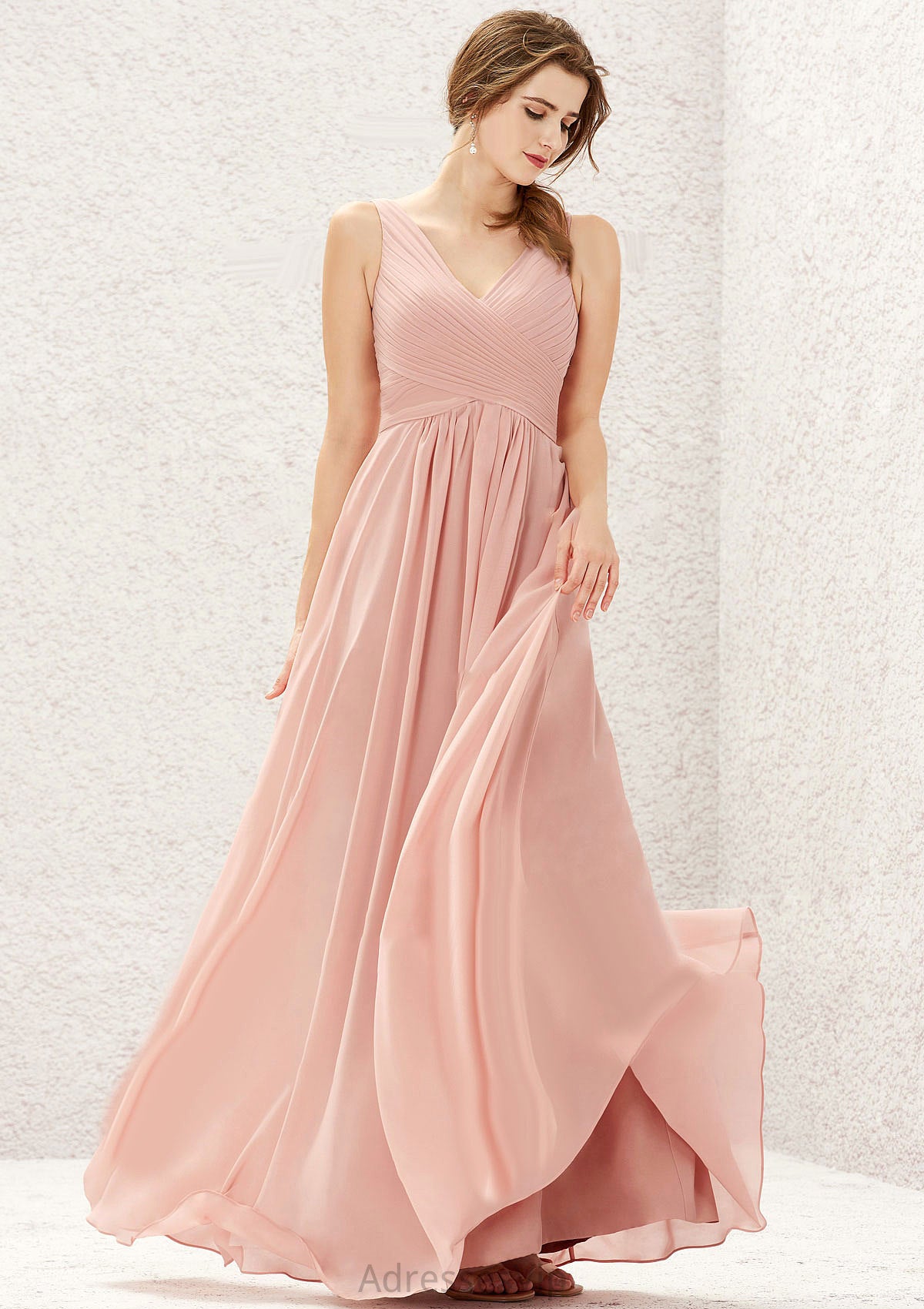 A-line V Neck Sleeveless Chiffon Long/Floor-Length Bridesmaid Dresses With Pleated America HCP0025632