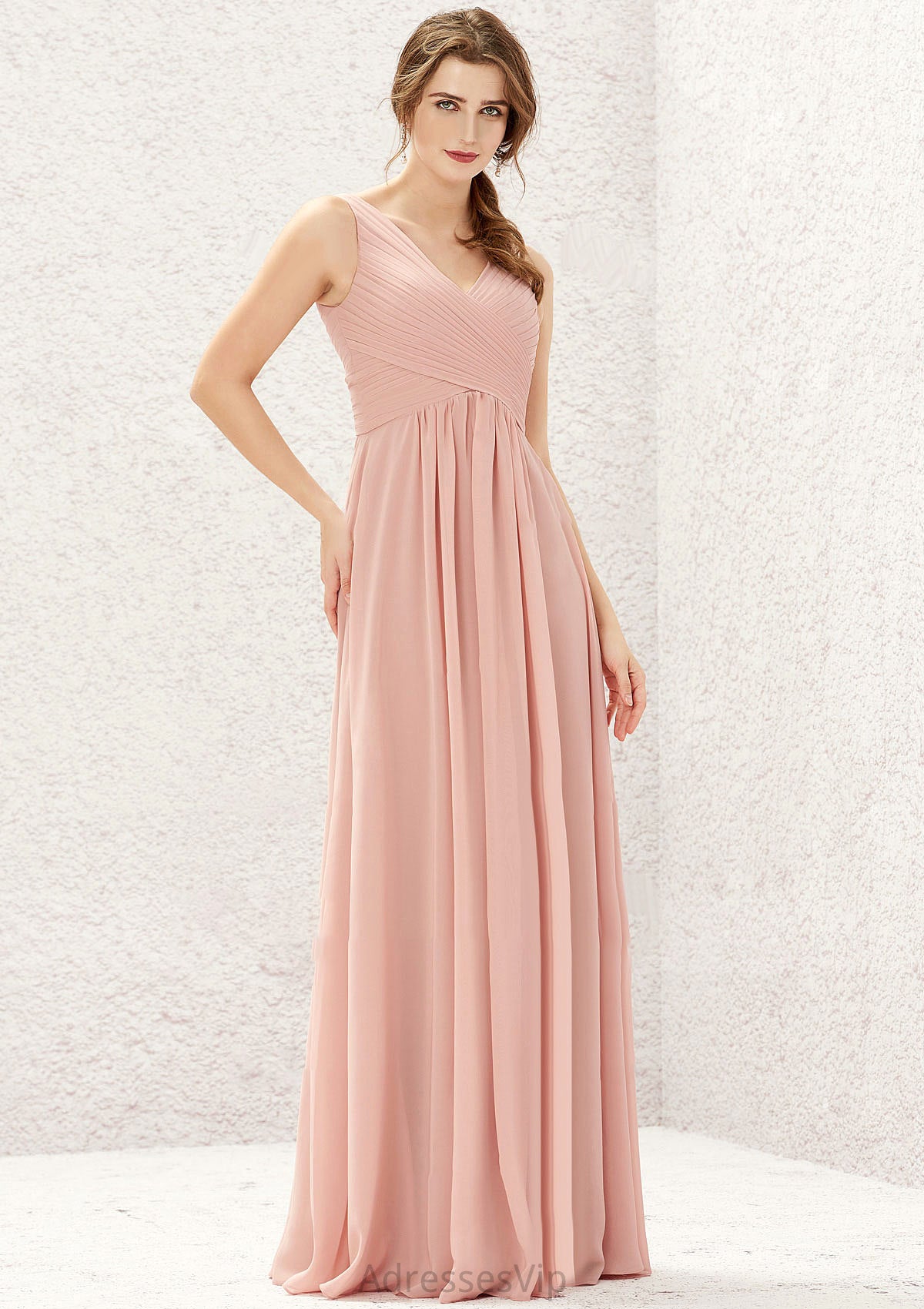 A-line V Neck Sleeveless Chiffon Long/Floor-Length Bridesmaid Dresses With Pleated America HCP0025632