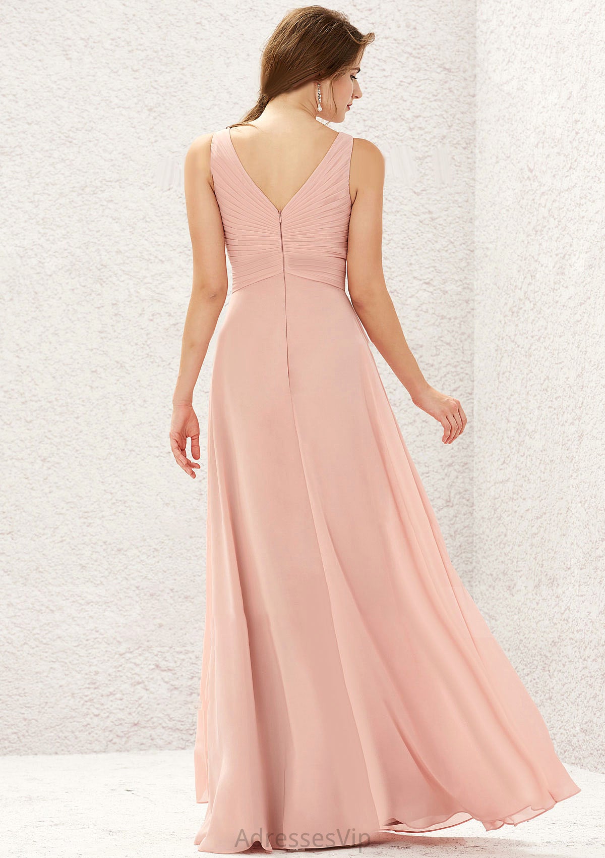 A-line V Neck Sleeveless Chiffon Long/Floor-Length Bridesmaid Dresses With Pleated America HCP0025632