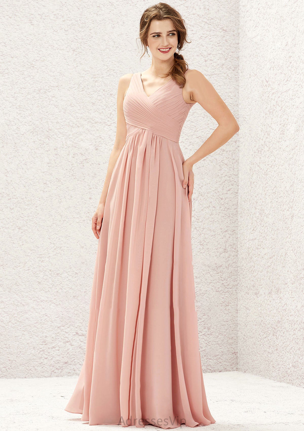 A-line V Neck Sleeveless Chiffon Long/Floor-Length Bridesmaid Dresses With Pleated America HCP0025632