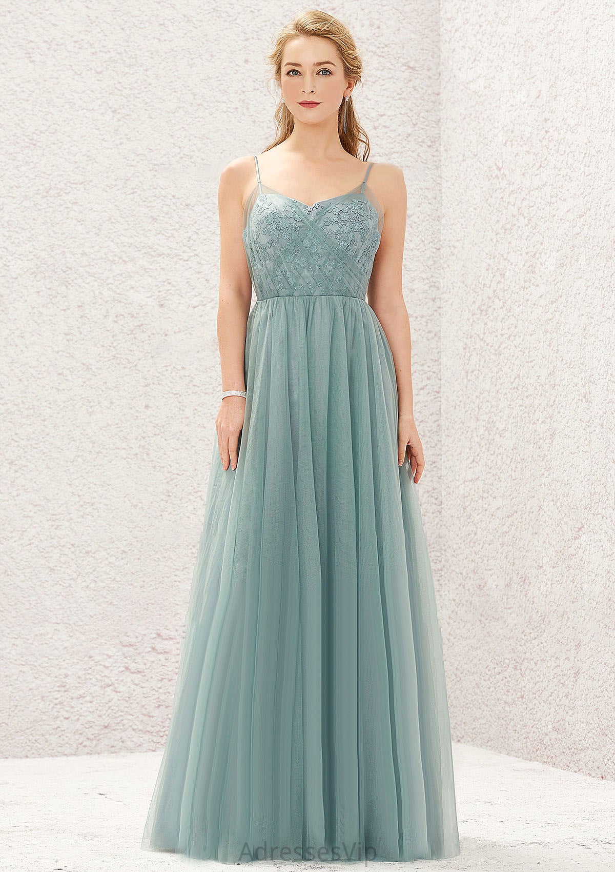 Princess A-line V Neck Sleeveless Tulle Long/Floor-Length Bridesmaid Dresses With Pleated Appliqued Alexia HCP0025633