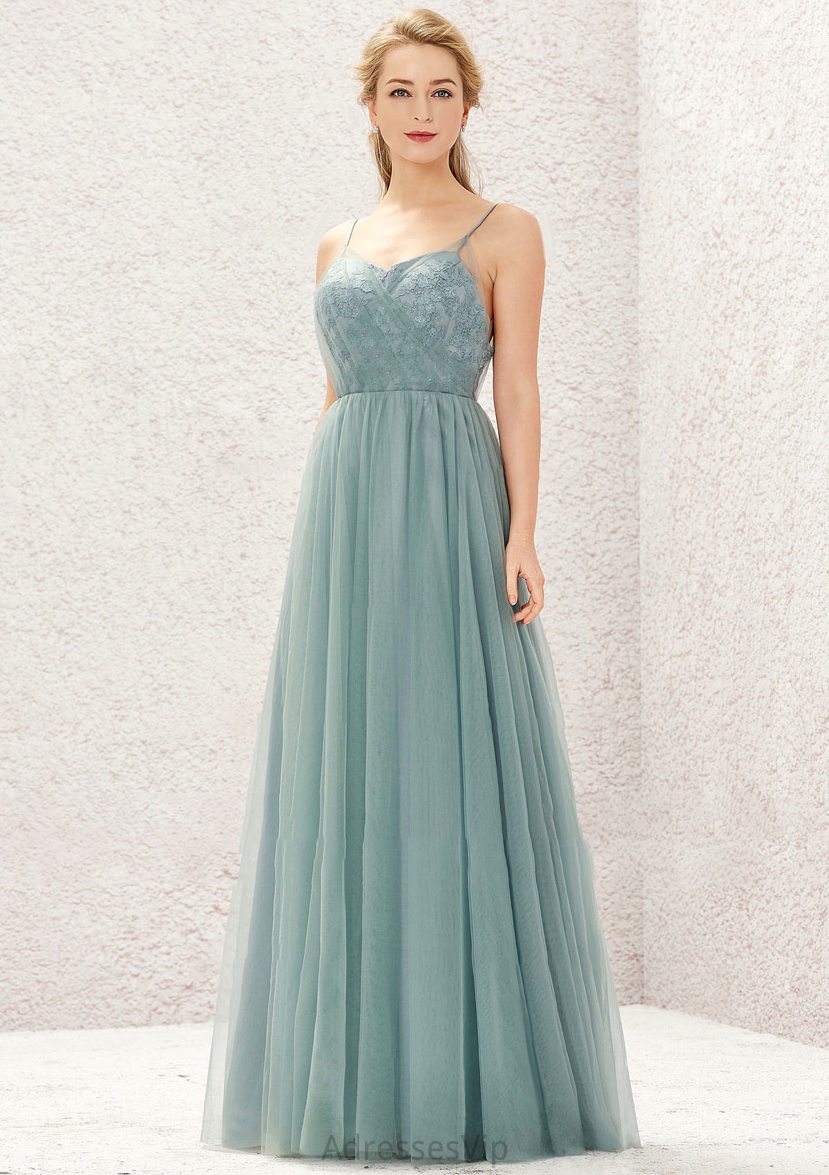 Princess A-line V Neck Sleeveless Tulle Long/Floor-Length Bridesmaid Dresses With Pleated Appliqued Alexia HCP0025633