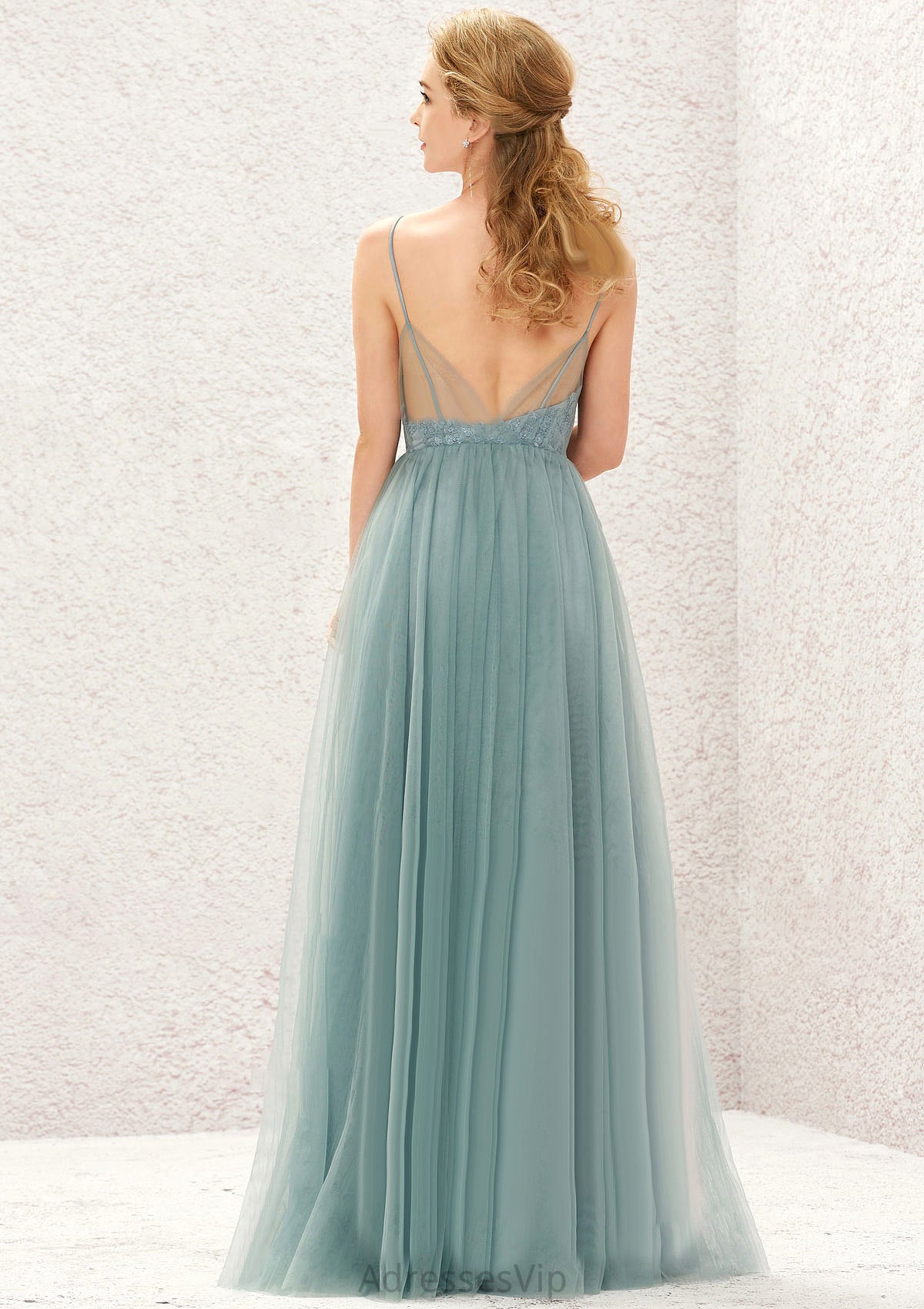 Princess A-line V Neck Sleeveless Tulle Long/Floor-Length Bridesmaid Dresses With Pleated Appliqued Alexia HCP0025633