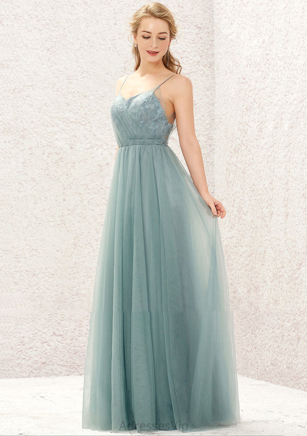 Princess A-line V Neck Sleeveless Tulle Long/Floor-Length Bridesmaid Dresses With Pleated Appliqued Alexia HCP0025633