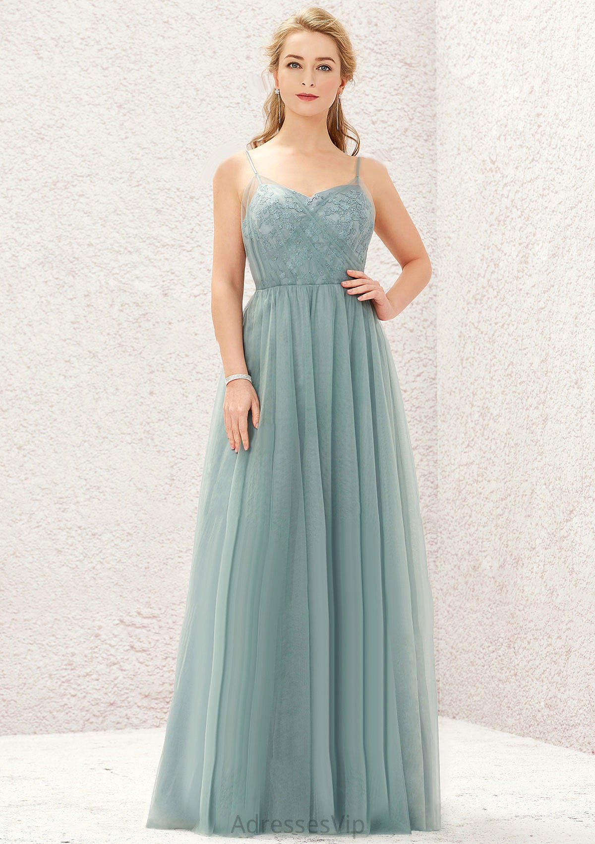 Princess A-line V Neck Sleeveless Tulle Long/Floor-Length Bridesmaid Dresses With Pleated Appliqued Alexia HCP0025633