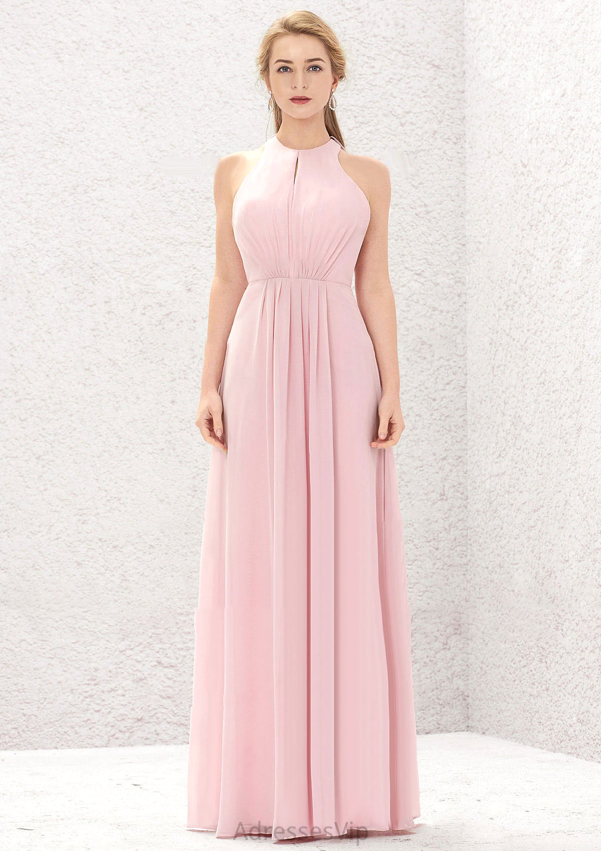 A-line Halter Sleeveless Chiffon Long/Floor-Length Bridesmaid Dresses With Pleated Valentina HCP0025634