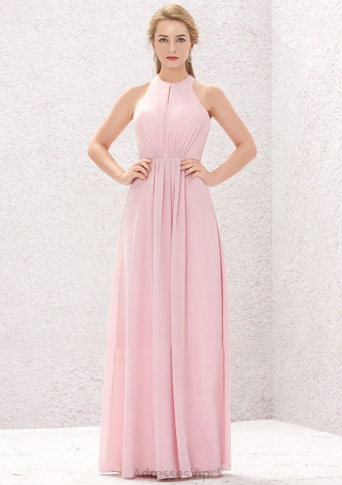 A-line Halter Sleeveless Chiffon Long/Floor-Length Bridesmaid Dresses With Pleated Valentina HCP0025634