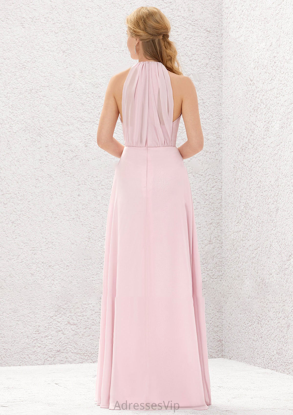 A-line Halter Sleeveless Chiffon Long/Floor-Length Bridesmaid Dresses With Pleated Valentina HCP0025634