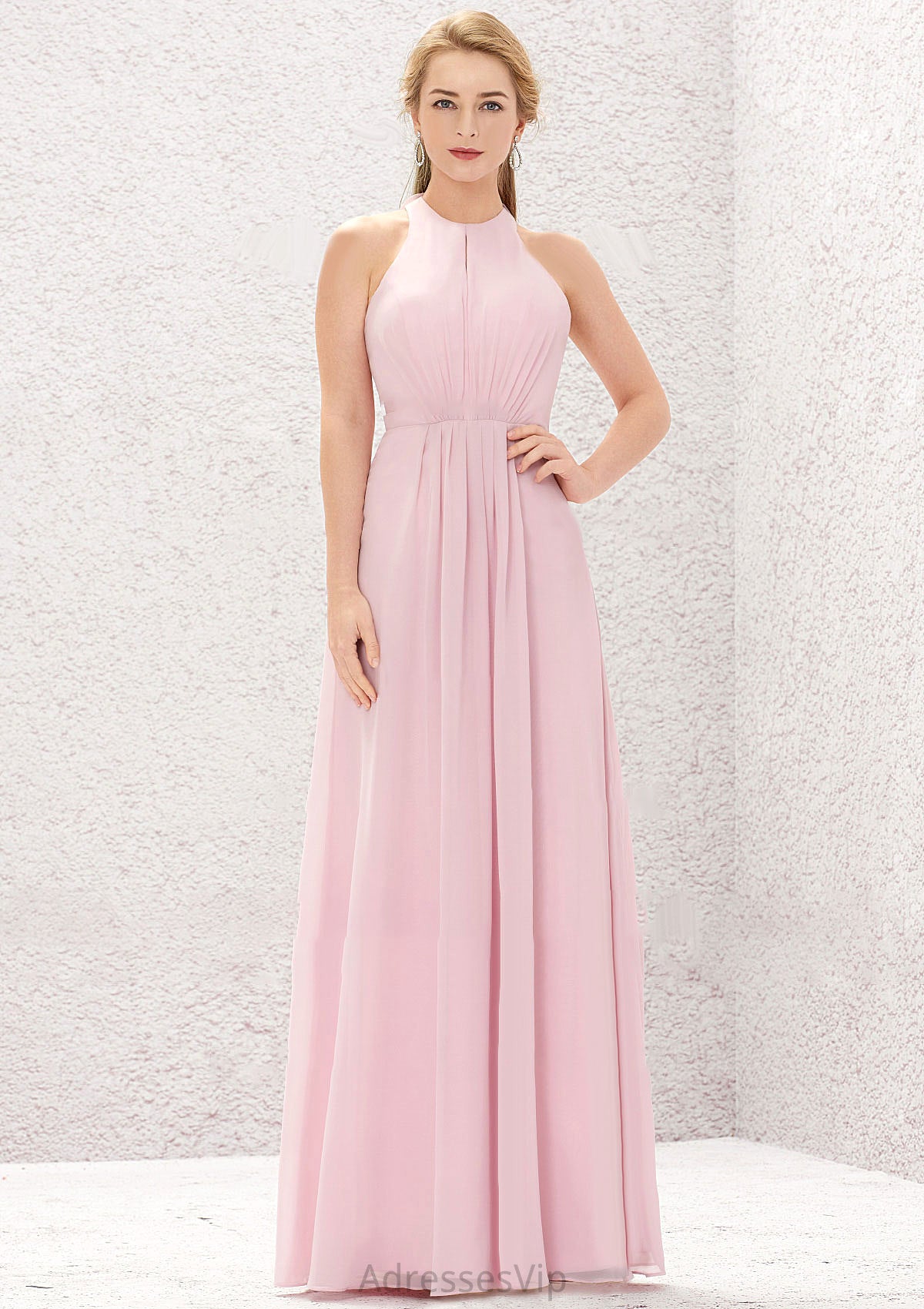 A-line Halter Sleeveless Chiffon Long/Floor-Length Bridesmaid Dresses With Pleated Valentina HCP0025634