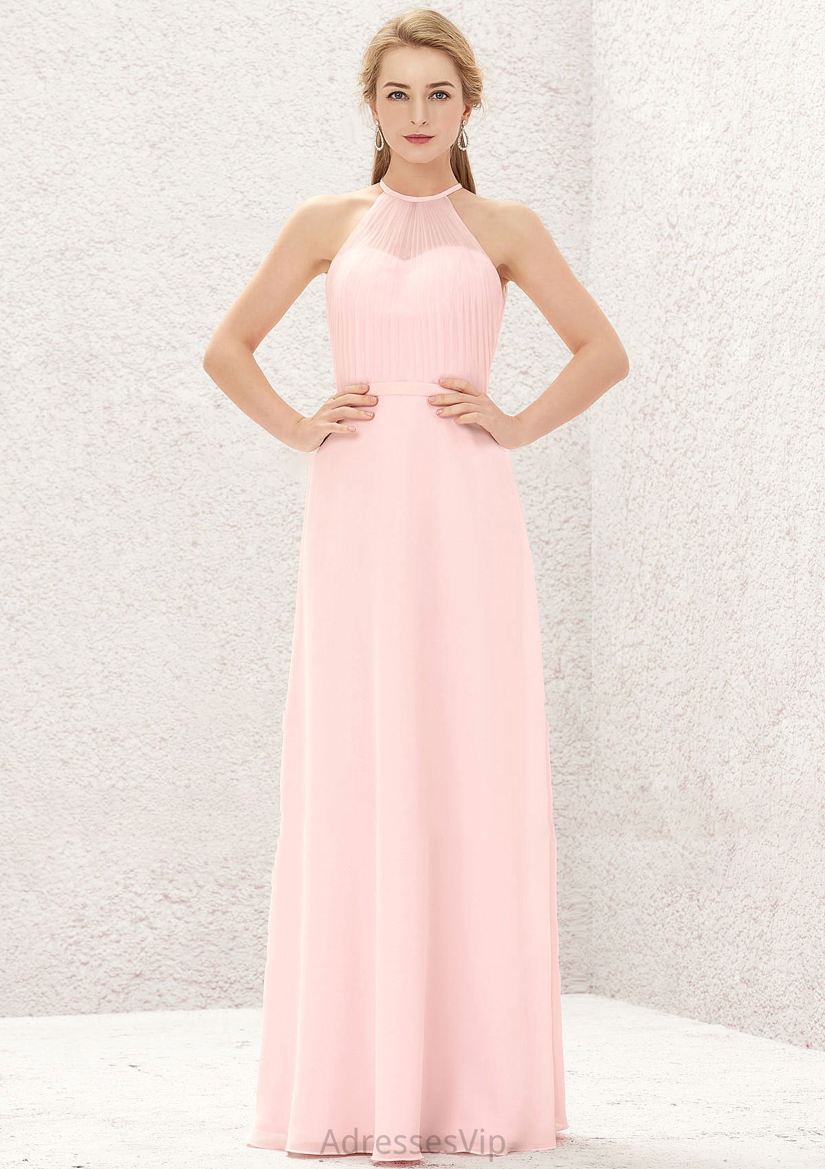 A-line Halter Sleeveless Chiffon Long/Floor-Length Bridesmaid Dresses Aniya HCP0025635