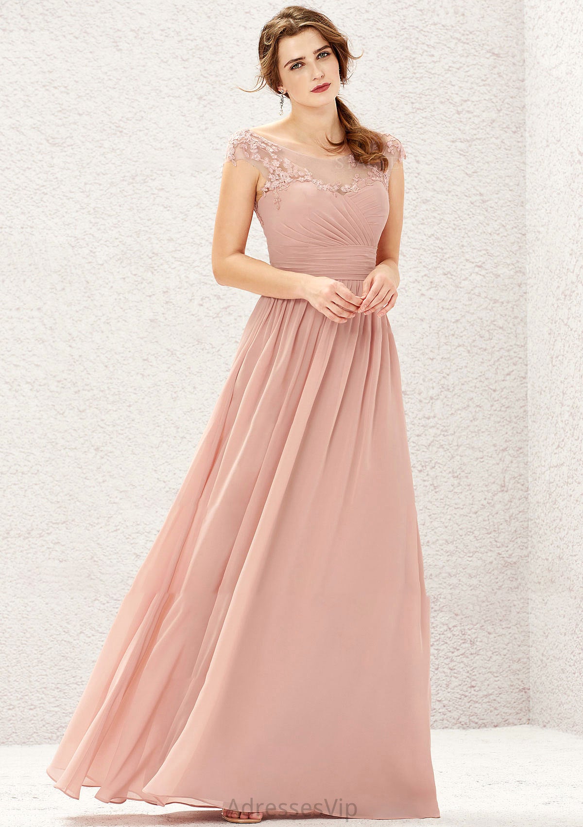 A-line Illusion Neck Sleeveless Chiffon Long/Floor-Length Bridesmaid Dresses With Appliqued Pleated Jazmin HCP0025636