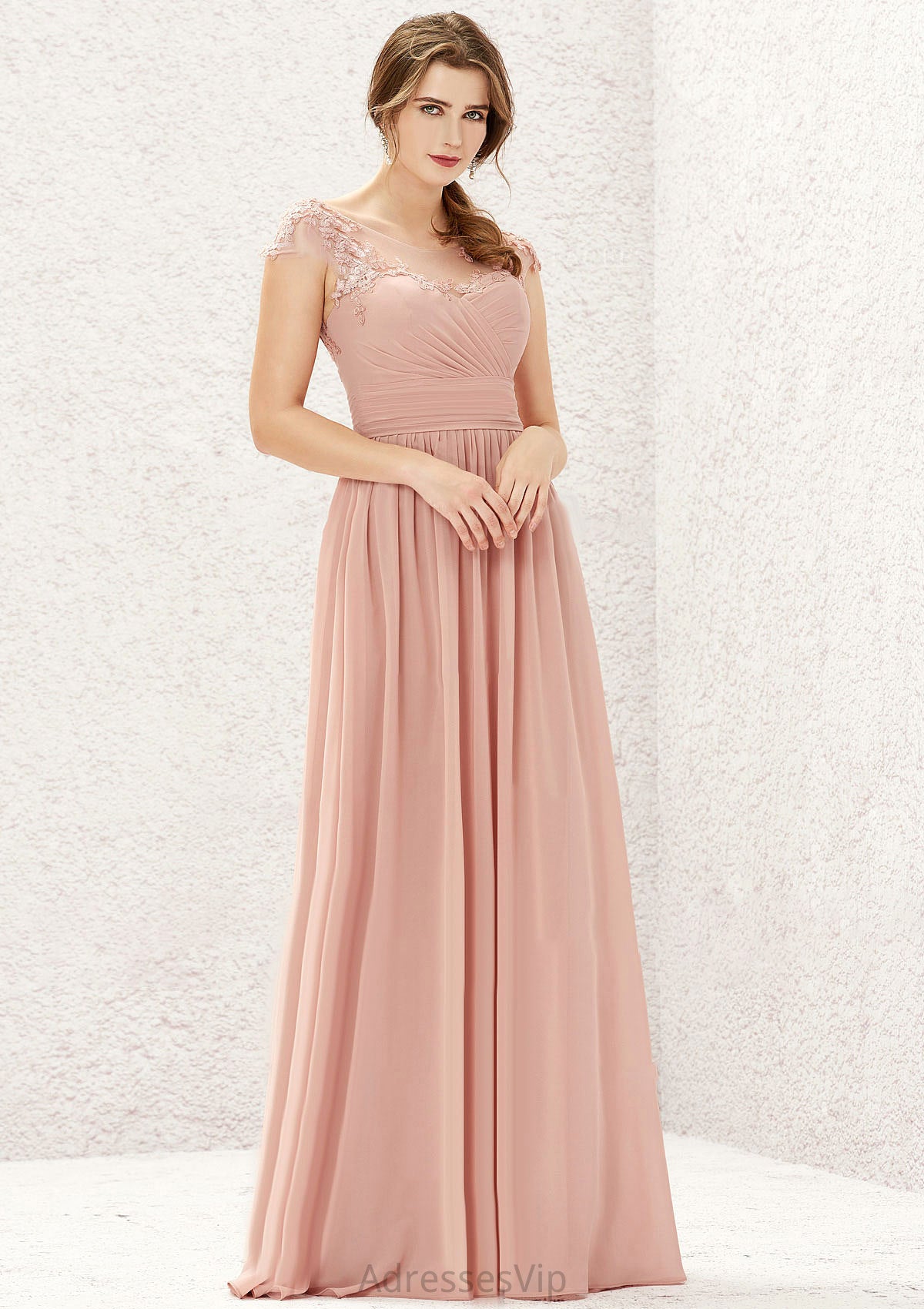 A-line Illusion Neck Sleeveless Chiffon Long/Floor-Length Bridesmaid Dresses With Appliqued Pleated Jazmin HCP0025636