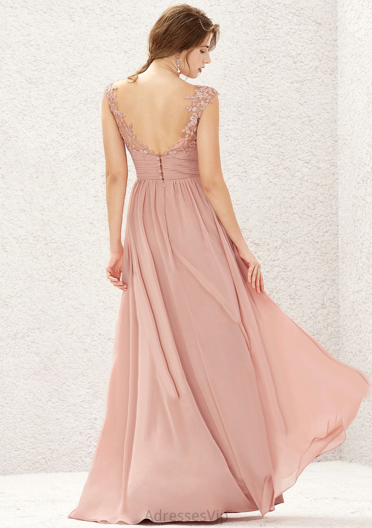 A-line Illusion Neck Sleeveless Chiffon Long/Floor-Length Bridesmaid Dresses With Appliqued Pleated Jazmin HCP0025636