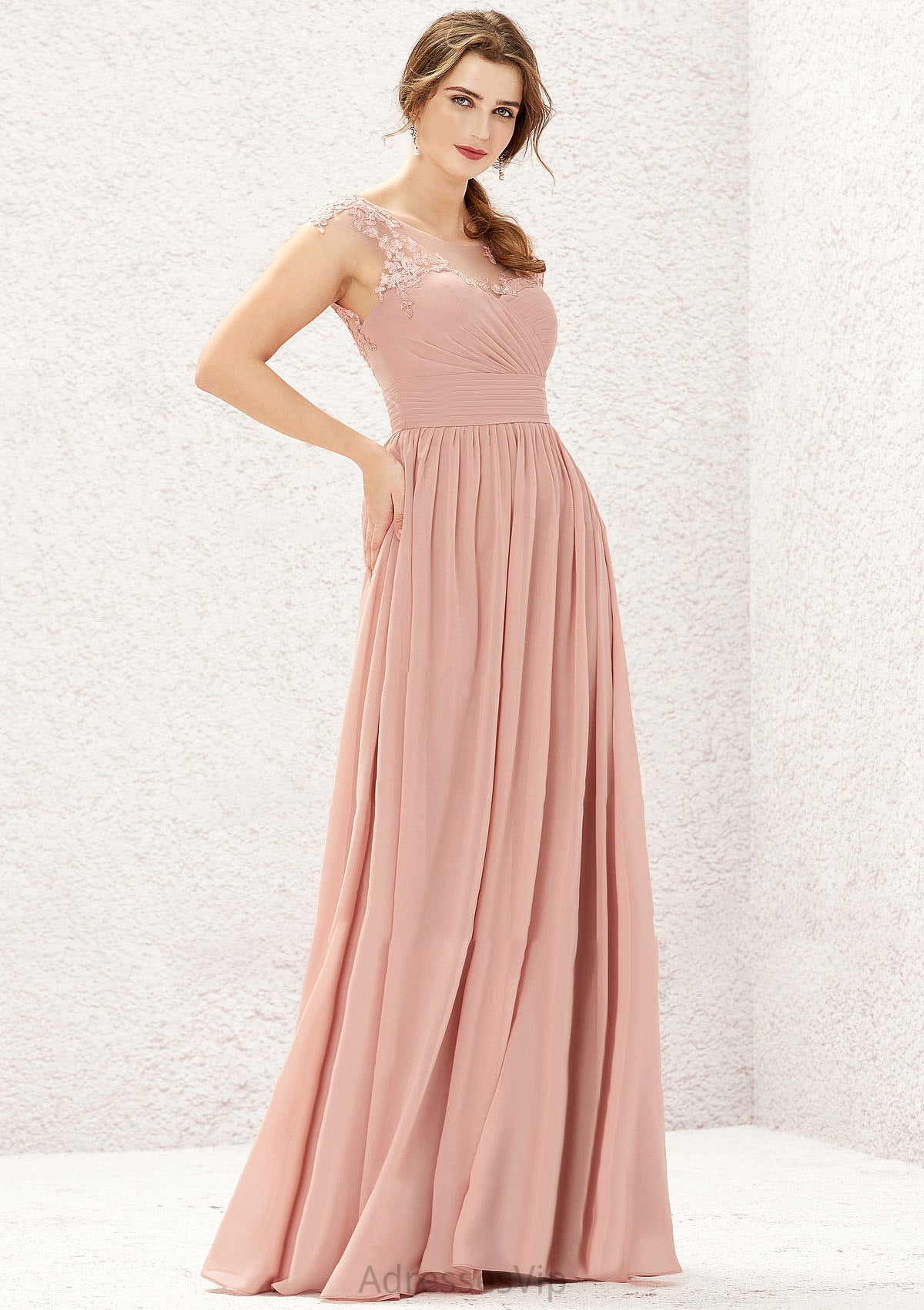 A-line Illusion Neck Sleeveless Chiffon Long/Floor-Length Bridesmaid Dresses With Appliqued Pleated Jazmin HCP0025636