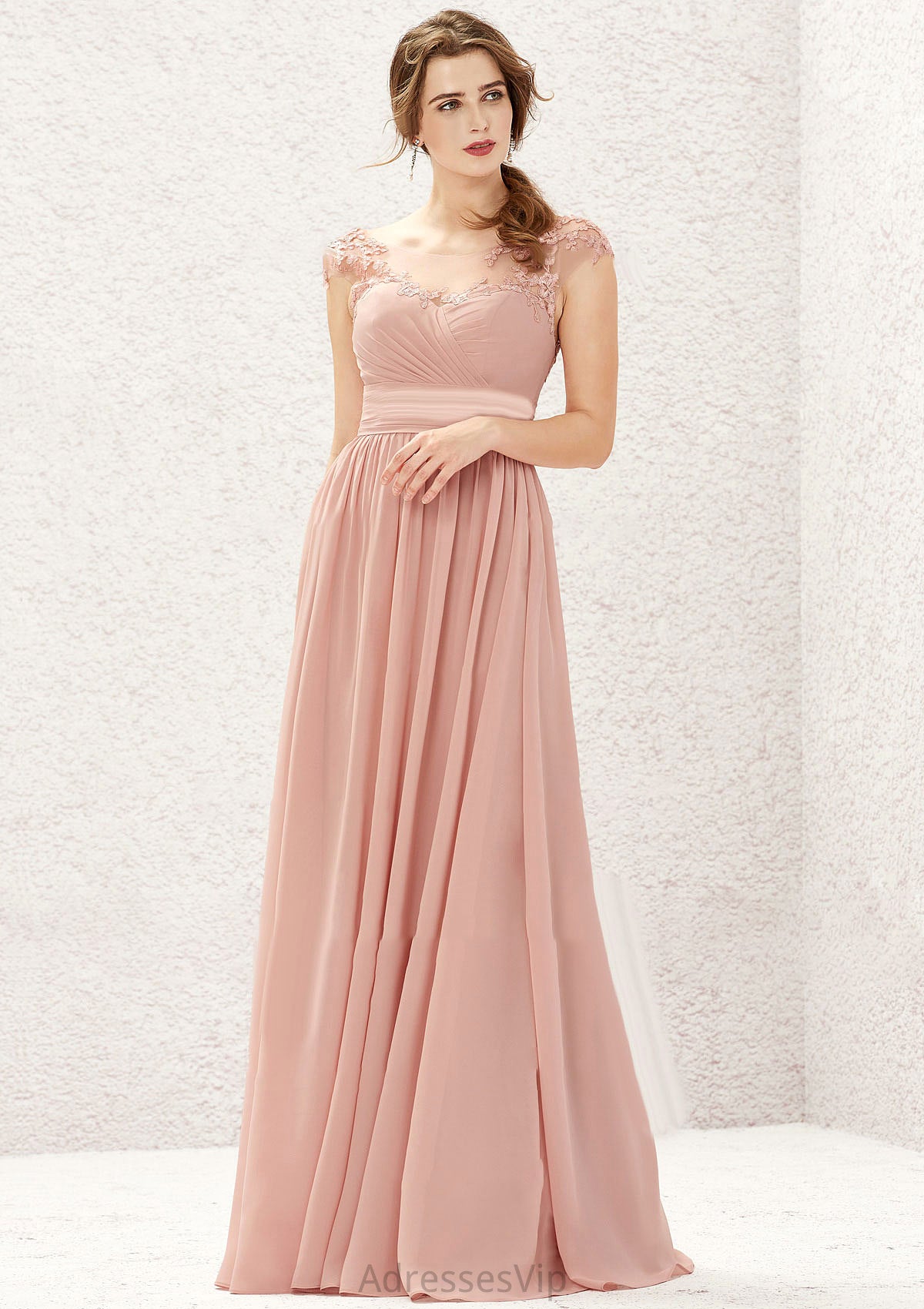 A-line Illusion Neck Sleeveless Chiffon Long/Floor-Length Bridesmaid Dresses With Appliqued Pleated Jazmin HCP0025636