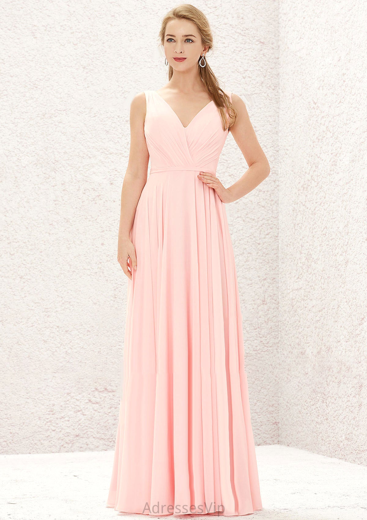 A-line V Neck Sleeveless Chiffon Long/Floor-Length Bridesmaid Dresses With Pleated Casey HCP0025637