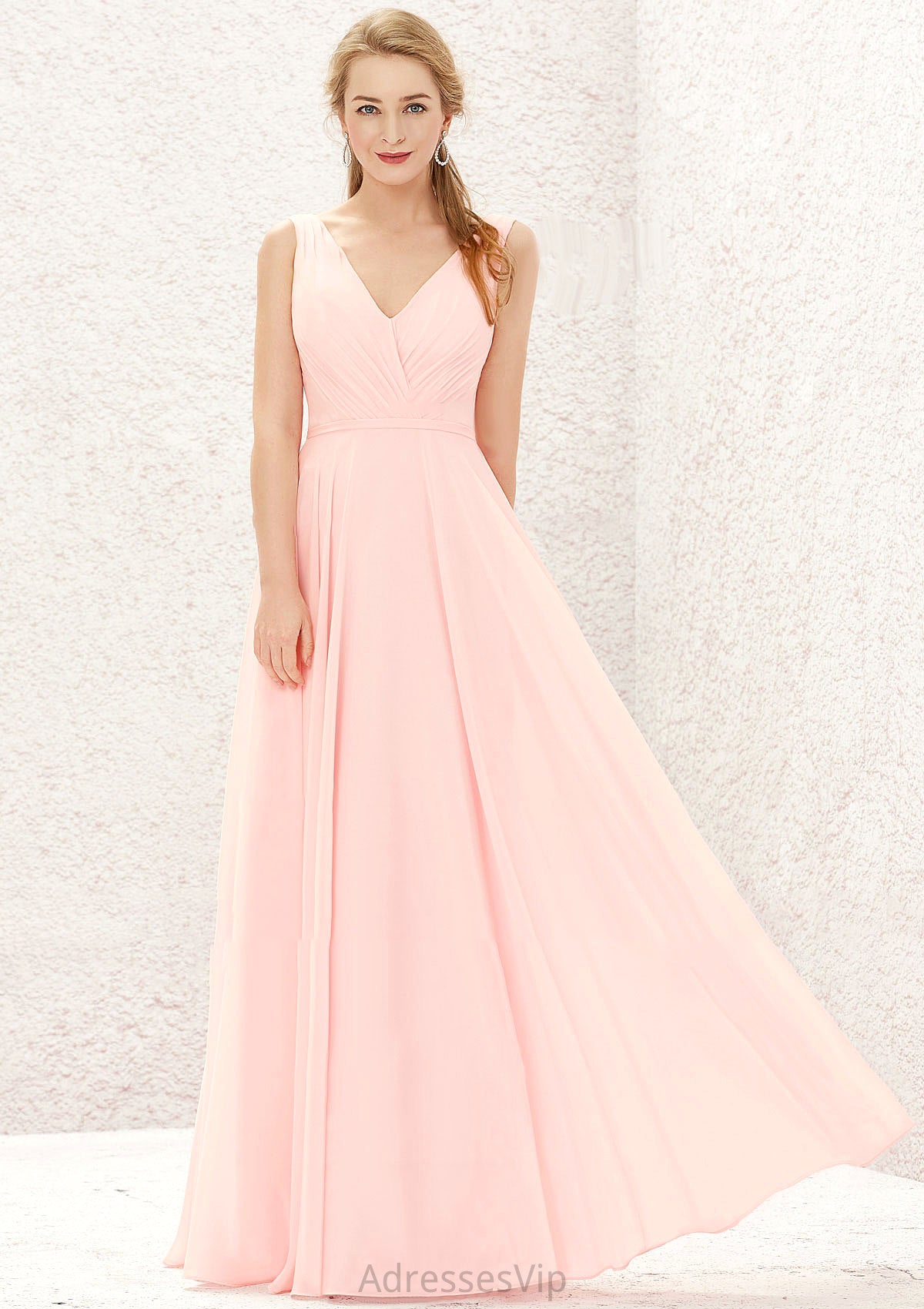 A-line V Neck Sleeveless Chiffon Long/Floor-Length Bridesmaid Dresses With Pleated Casey HCP0025637