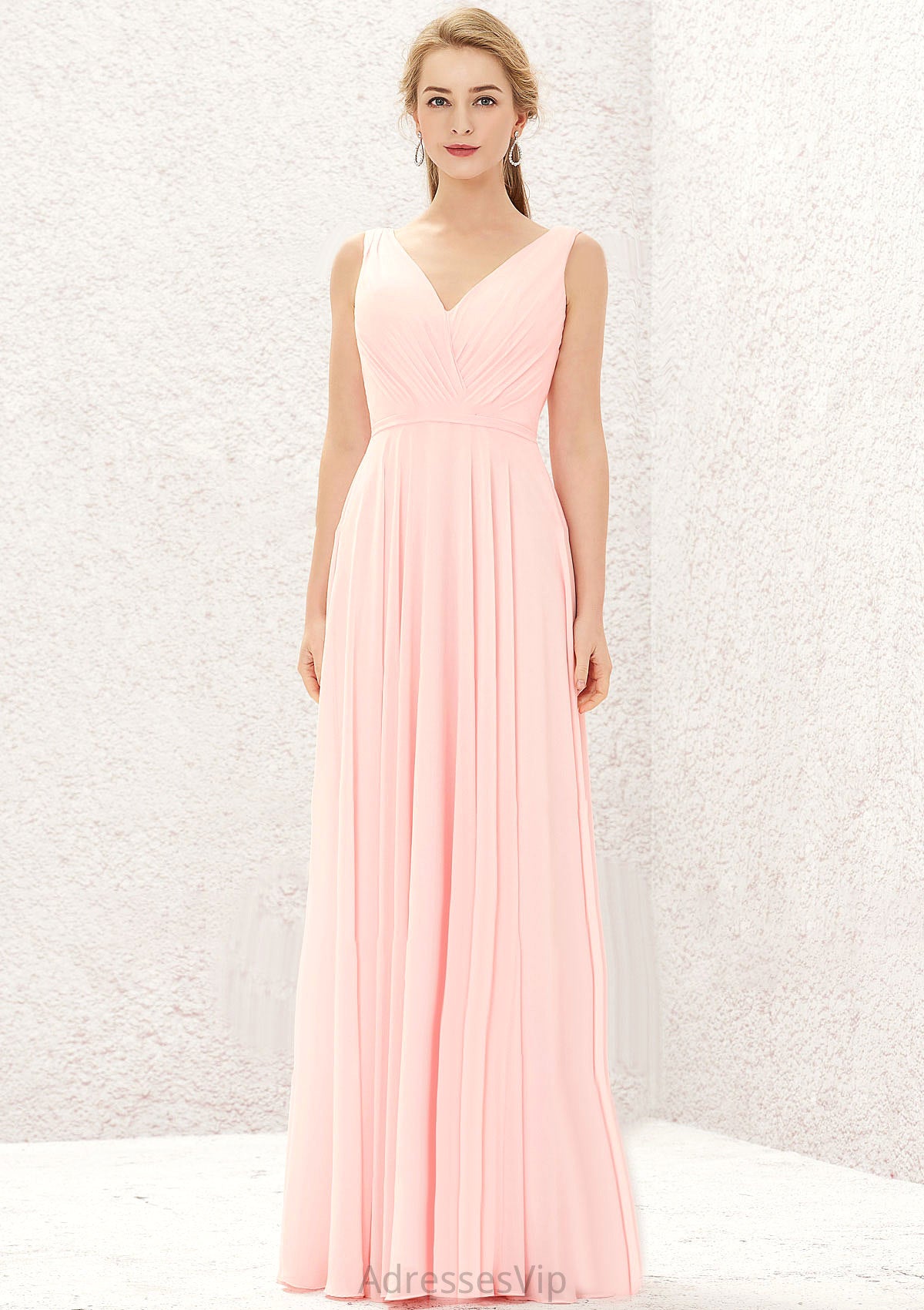 A-line V Neck Sleeveless Chiffon Long/Floor-Length Bridesmaid Dresses With Pleated Casey HCP0025637