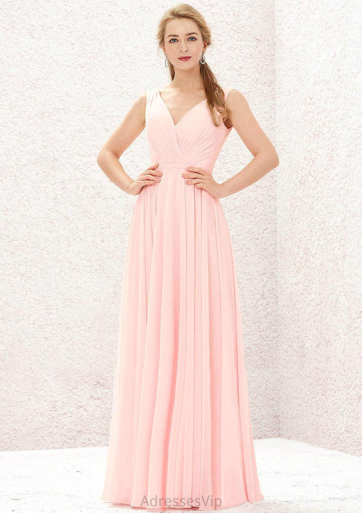 A-line V Neck Sleeveless Chiffon Long/Floor-Length Bridesmaid Dresses With Pleated Casey HCP0025637