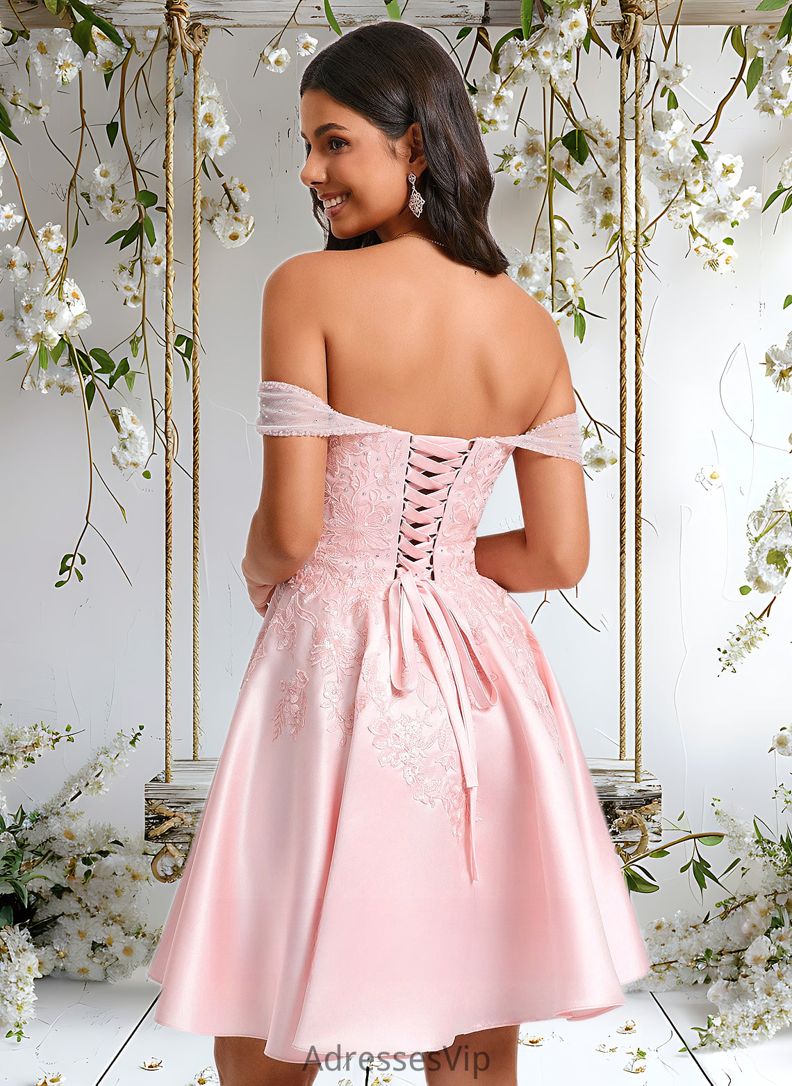 Elisa A-line Off the Shoulder Short Satin Homecoming Dress With Rhinestone Beading Appliques Lace HCP0025679