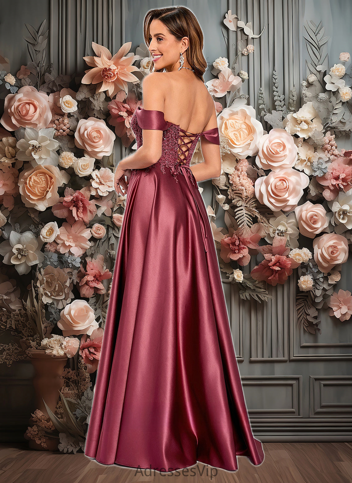 Katrina A-line Off the Shoulder Floor-Length Satin Lace Prom Dresses With Sequins HCP0025841