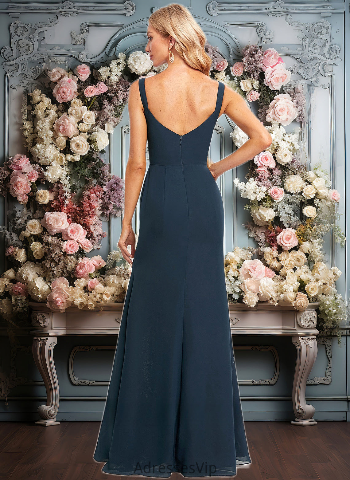 Jaylynn Trumpet/Mermaid V-Neck Floor-Length Chiffon Prom Dresses With Ruffle HCP0025873