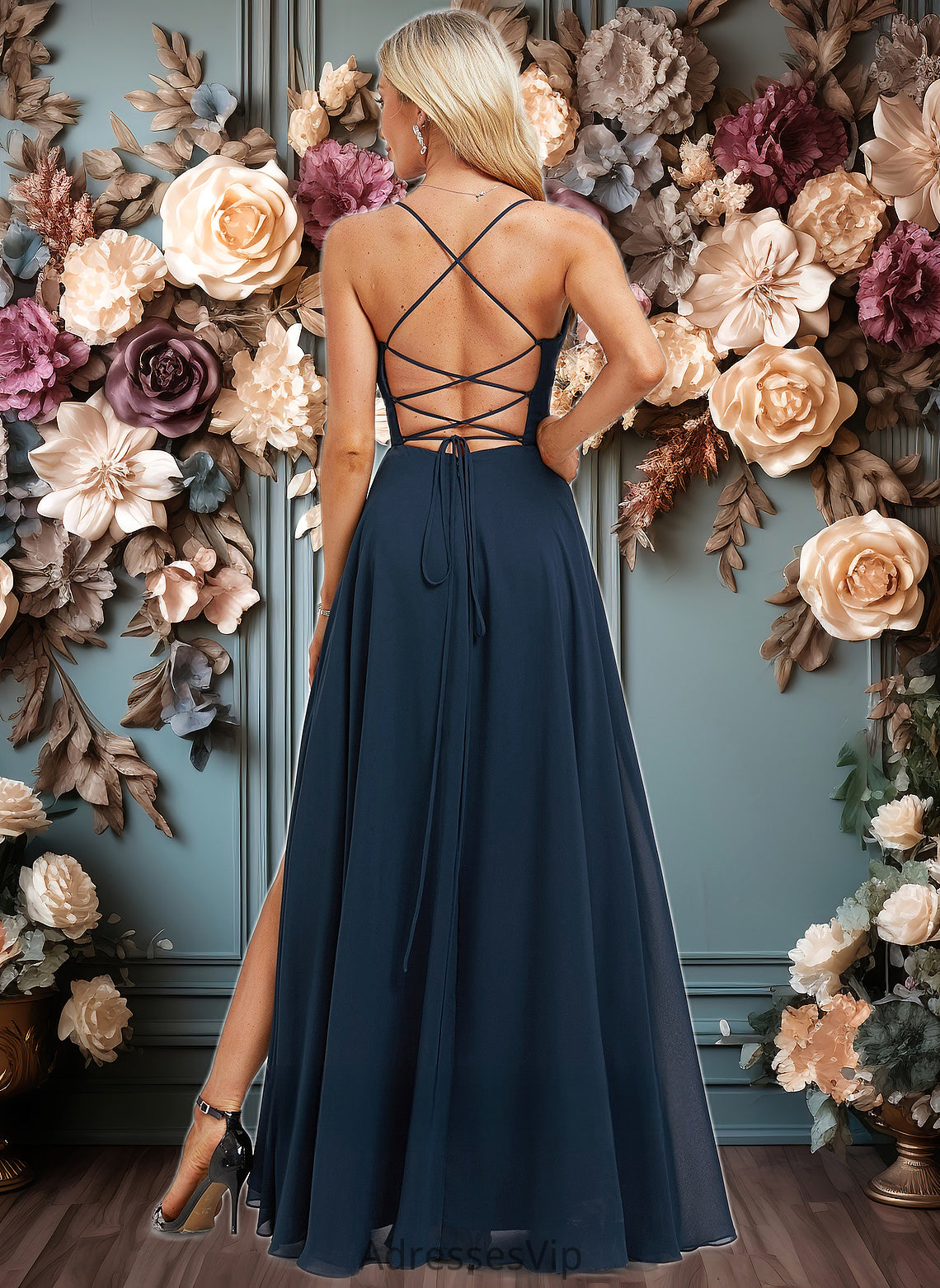 Imani A-line V-Neck Floor-Length Chiffon Prom Dresses With Pleated HCP0025830