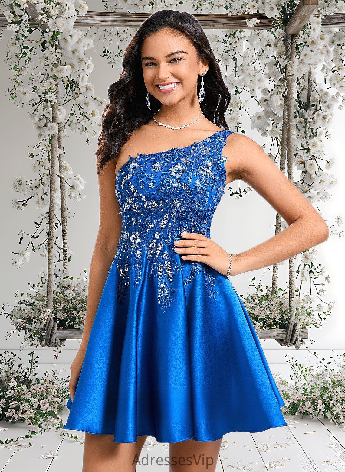 Madeline A-line One Shoulder Short Satin Homecoming Dress With Appliques Lace Sequins HCP0025657