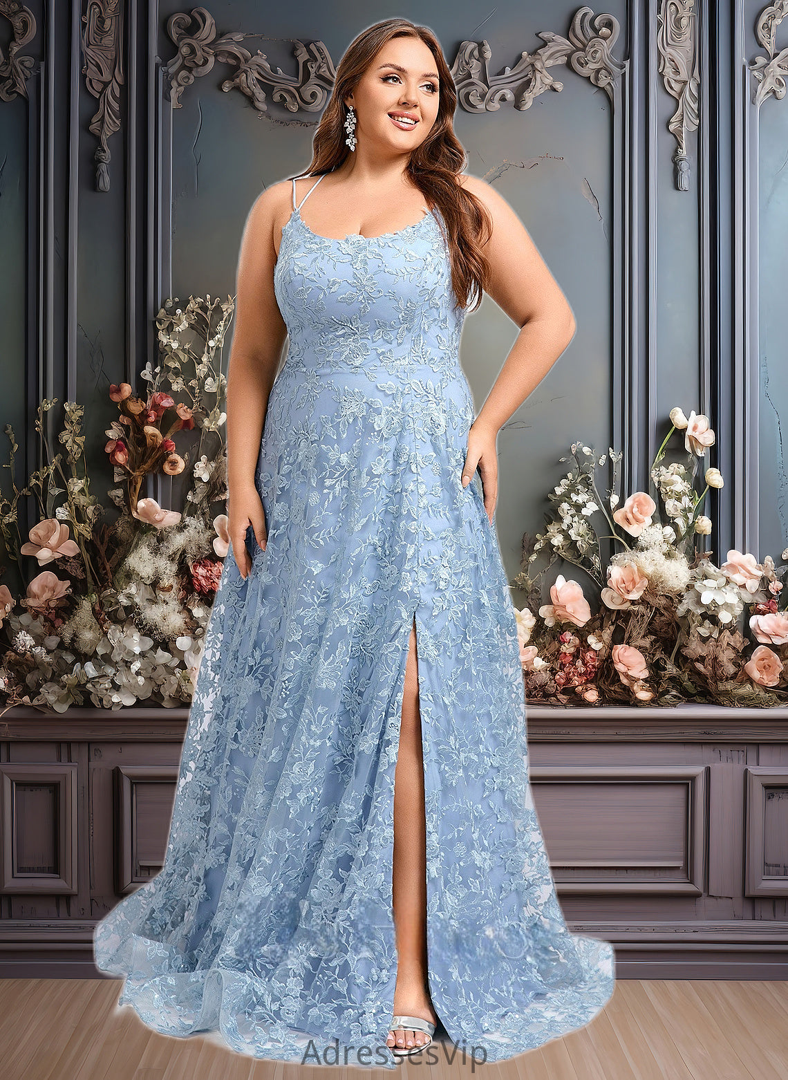 Zoie A-line Scoop Floor-Length Lace Floral Prom Dresses HCP0025847