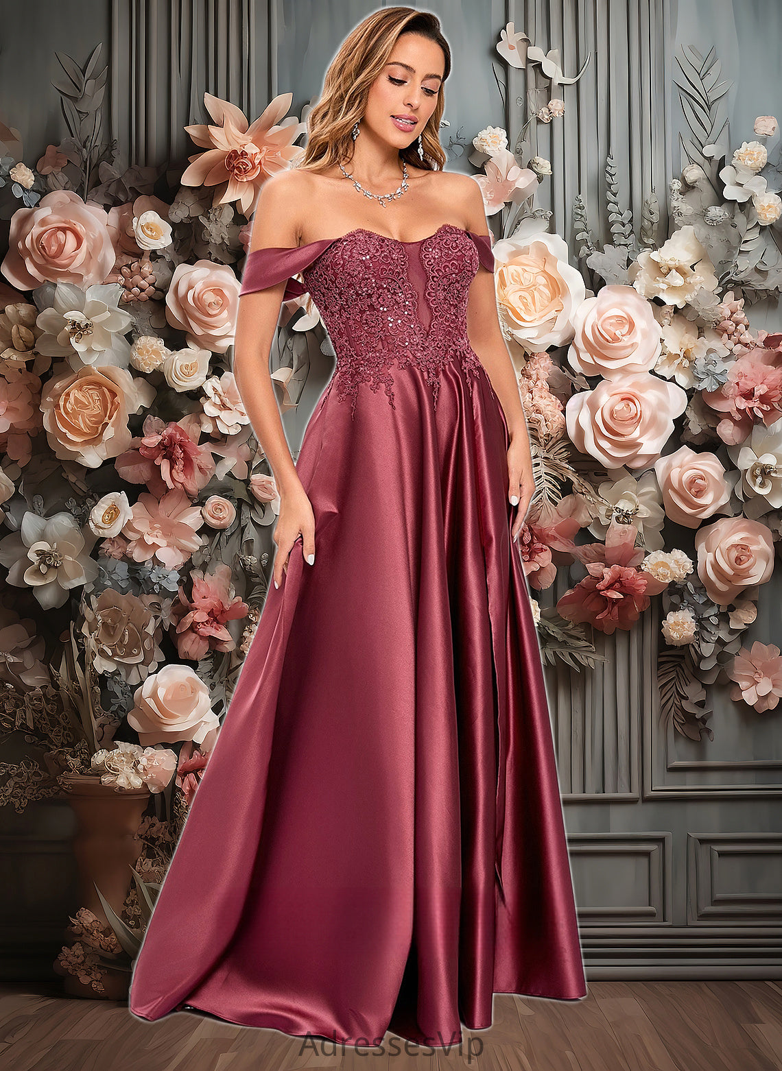 Katrina A-line Off the Shoulder Floor-Length Satin Lace Prom Dresses With Sequins HCP0025841