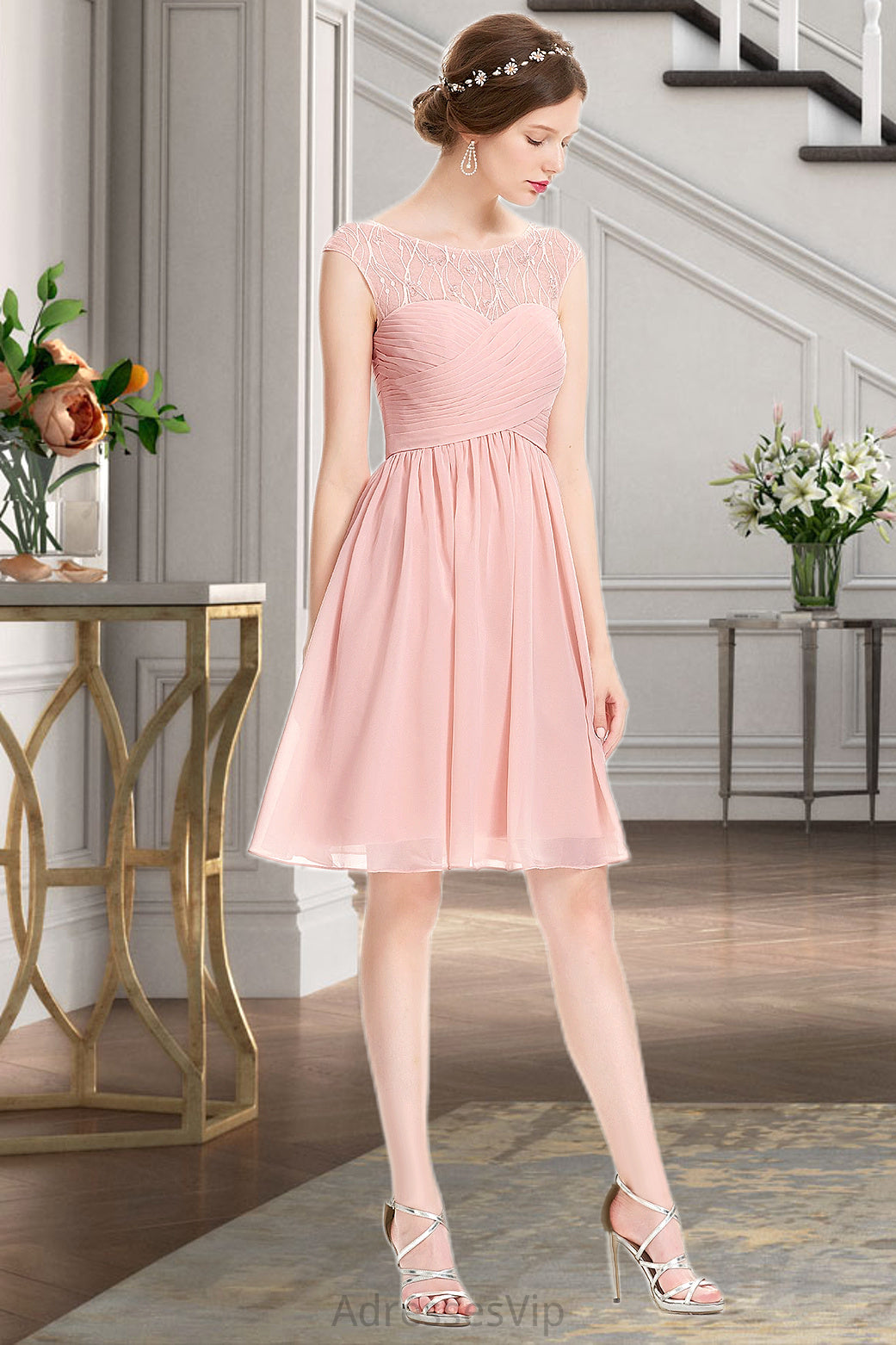 Gill A-line Scoop Knee-Length Chiffon Tulle Homecoming Dress With Beading Ruffle HCP0020594