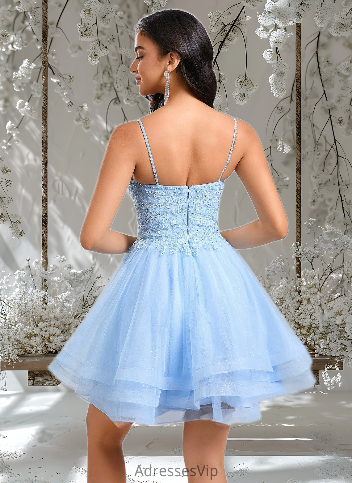 Hope A-line V-Neck Short Lace Tulle Homecoming Dress With Rhinestone Sequins HCP0025658