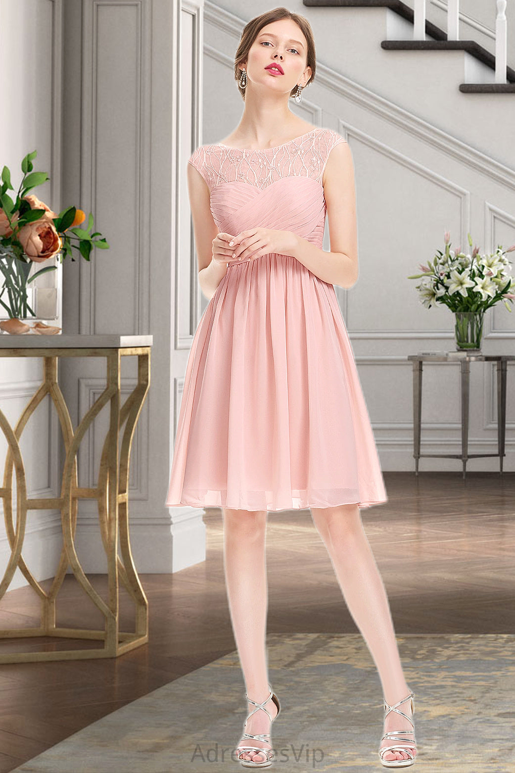 Gill A-line Scoop Knee-Length Chiffon Tulle Homecoming Dress With Beading Ruffle HCP0020594