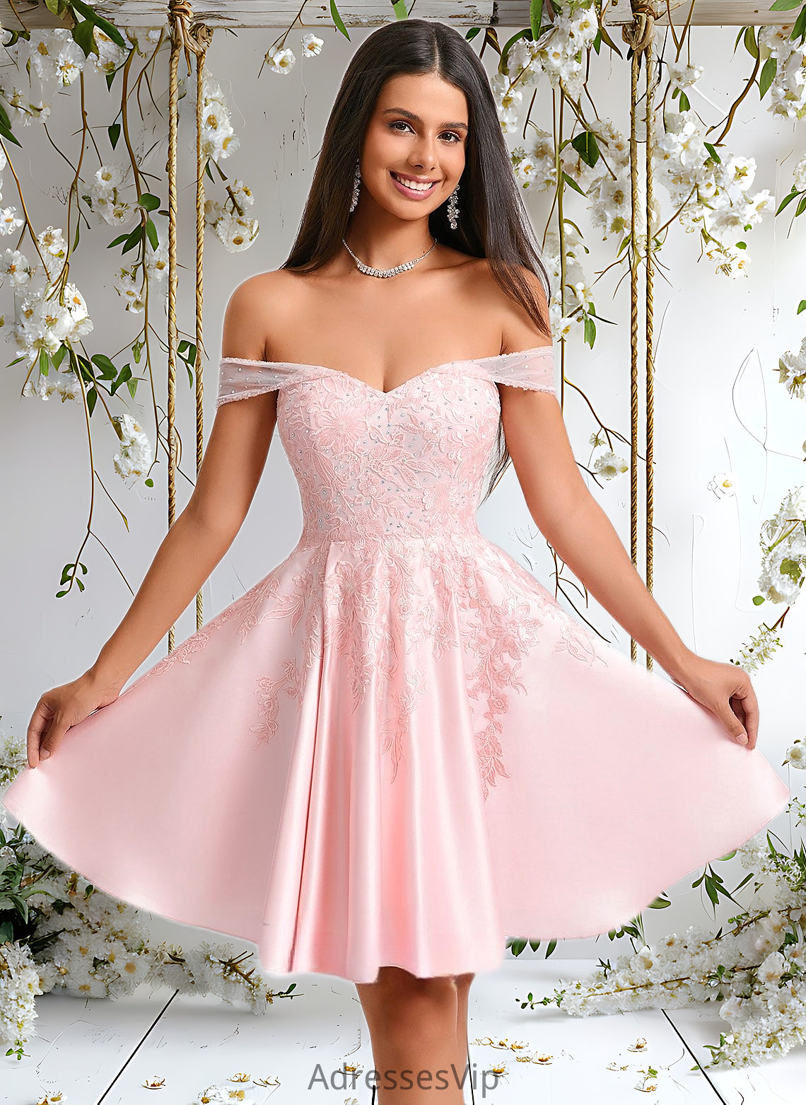 Elisa A-line Off the Shoulder Short Satin Homecoming Dress With Rhinestone Beading Appliques Lace HCP0025679